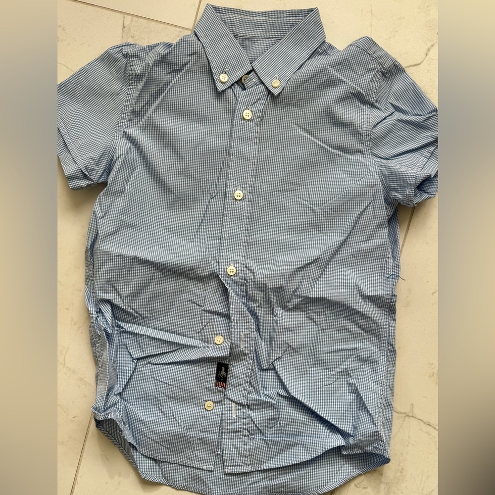 Tizzas Boys Gingham Cotton Blue Poplin Short Sleeve Shirt. Size 7-8